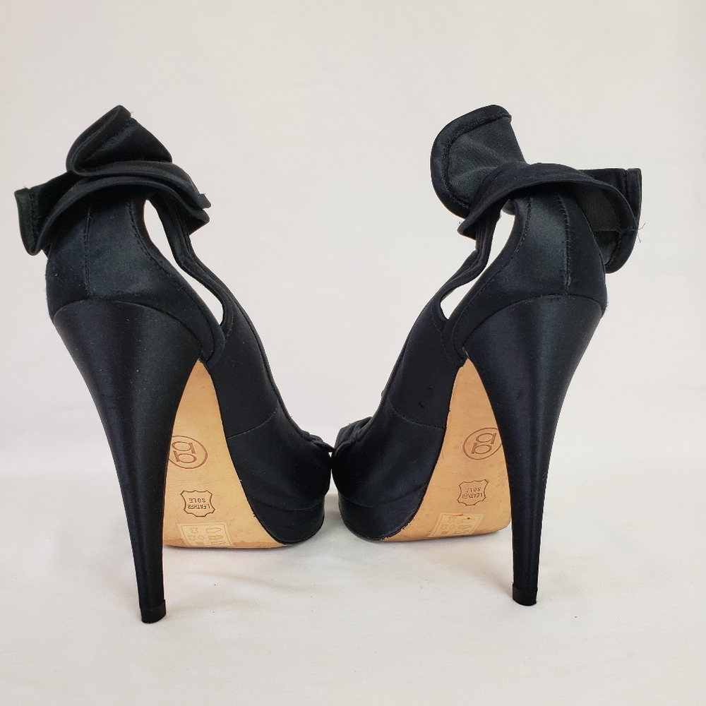 bebe Satin Ruffle Open Toe Platform Heels - Picture 3 of 8